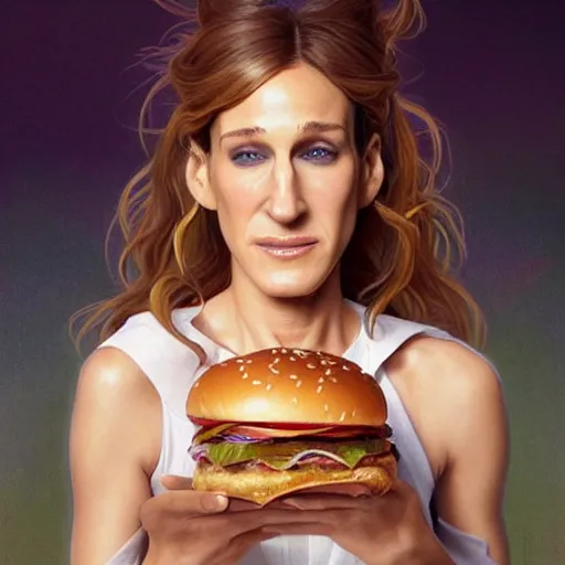 Image similar to portrait of Sarah Jessica Parker eating hamburgers, extra onions and ketchup, luscious patty with sesame seeds, feminine ethereal, handsome, D&D, fantasy, intricate, elegant, highly detailed, digital painting, artstation, concept art, matte, sharp focus, illustration, art by Artgerm and Greg Rutkowski and Alphonse Mucha