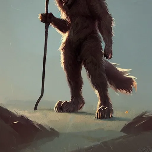 Image similar to cute handsome cuddly werewolf using a wooden club character concept art masterpiece digital art by Greg Rutkowski, Simon Stalenhag, trending on Artstation, CGSociety