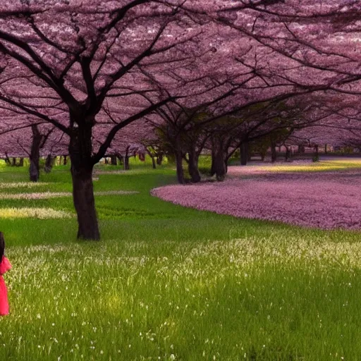 Image similar to Field full of cherry blossoms, Makoto Shinkai and Hayao Miyazaki style,