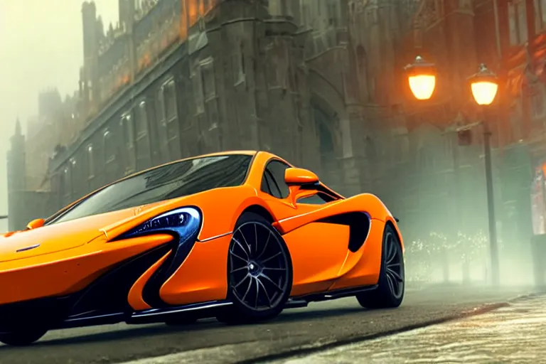 Image similar to a wholesome animation key shot of!! one!! focused!! mclaren!!! p 1!!, shiny deep orange, in a misty london street, wide shot, studio ghibli, pixar and disney animation, sharp, very detailed, high resolution, rendered in unreal engine 5, anime key art by greg rutkowski, bloom, dramatic lighting