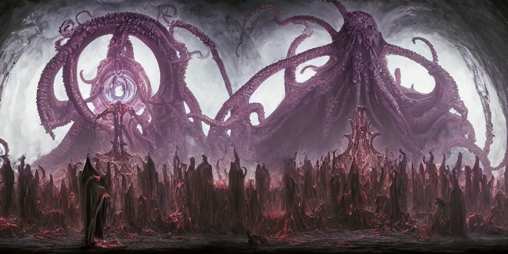 Image similar to photorealistic matte painting photography of circle group of necromancer priest in an invoking ritual in front of a viscosity cthulhu within a lovecraft portal, art by david lachapelle, photography by annie leibovitz, wide - angle portrait, atmospheric lighting, rich deep colors masterpiece, fractal crystals