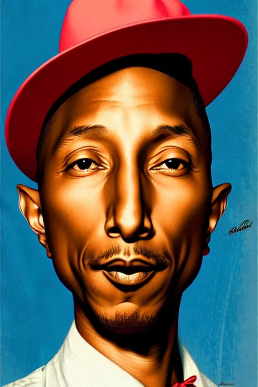 Image similar to pharrell williams by gil elvgren and norman rockwell and rob gonsalves and hajime sorayama, hyperrealistic, high detail, ultra detailed, highly detailed face, ruffled fabric