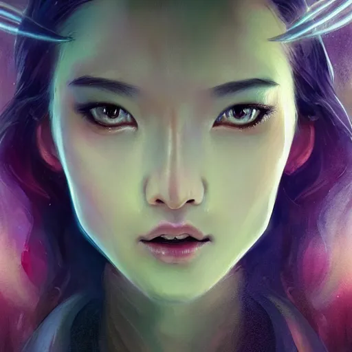 Image similar to lightning angel character portrait, Asian face, cinematic lighting, glowing golden eyes, hyper-detailed, cgsociety, 8k, high resolution, in the style of Charlie Bowater, Tom Bagshaw, Artgerm, single face, symmetrical, headshot photograph, insanely detailed and intricate, beautiful, elegant, watercolor, cinematic, portrait, Raphaelite, headroom, artstation