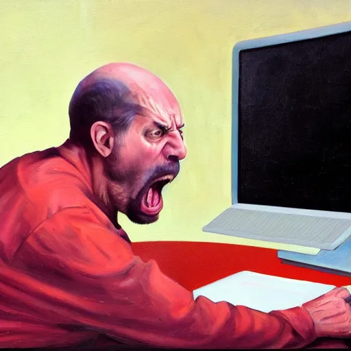 Image similar to an angry man yells at his computer monitor, oil on canvas, highly detailed, high resolution