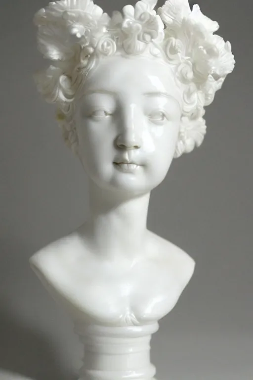Prompt: full head and shoulders, beautiful female porcelain sculpture, baroque, all white features on a white background, delicate facial features, white eyes, white lashes, detailed white 3 d giant poppies on the head