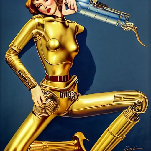 Image similar to a reclining half human c3po by Gil Elvgren, holding a smoking ray-gun, head, body, legs