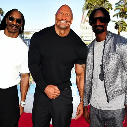 Image similar to a picture of Dwayne Johnson, snoop Dogg and Jackie Chan posing together for the camera