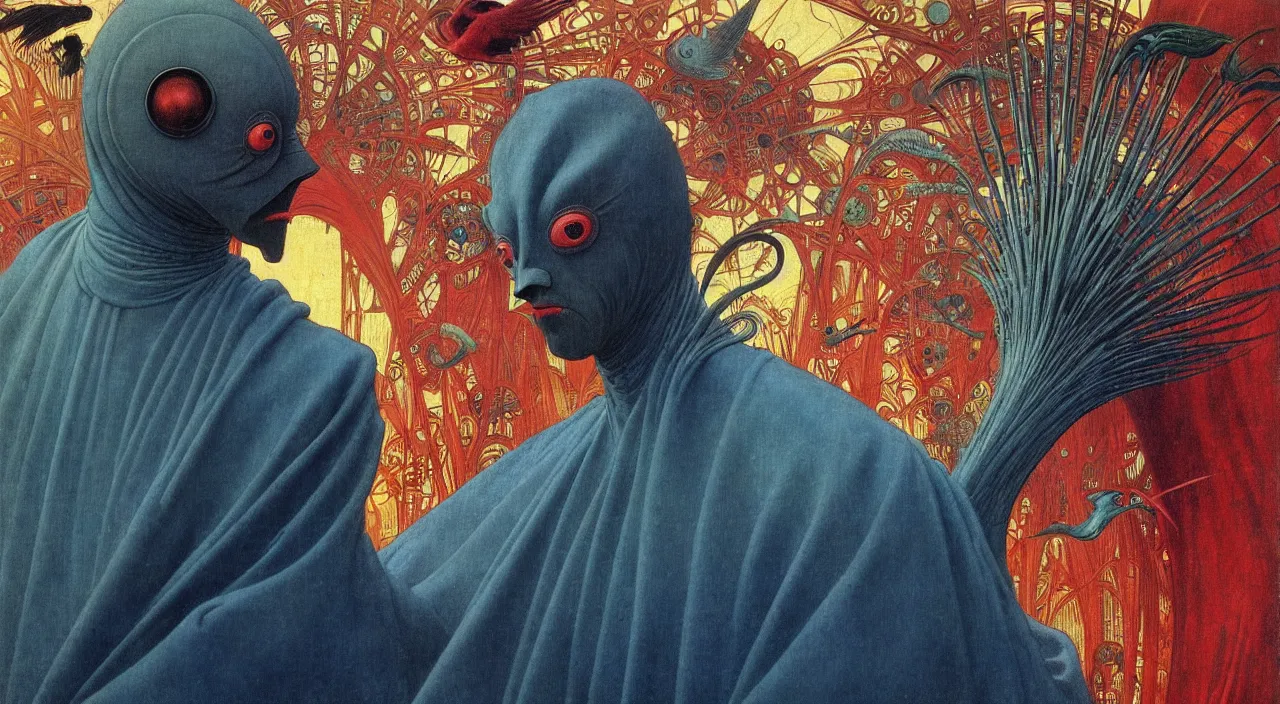 Image similar to realistic detailed portrait movie shot of a birdman wearing dark robes, sci fi city landscape background by denis villeneuve, amano, yves tanguy, alphonse mucha, ernst haeckel, max ernst, roger dean, masterpiece, rich moody colours, blue eyes, occult