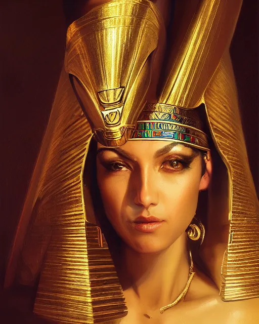 Image similar to Jessica Kahawaty as a beautiful egyptian princess, gorgeous, portrait, Symmetrical, powerful, intricate, beautiful, masterpiece, elegant, volumetric lighting, highly detailed, artstation, sharp focus, no cropping, illustration, Jean-Leon Gerome , ruan jia