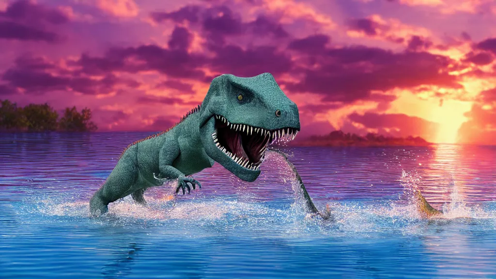 Image similar to a dinosaur swimming in lake barbies city, sunset lighting, rim light, hyper realistic, 1 0 5 mm, cinematic frame