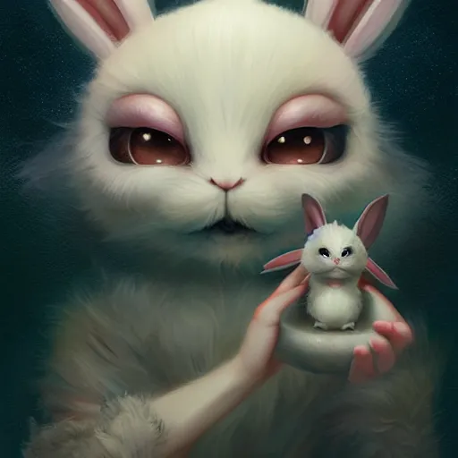 Image similar to funny cute little bunny monster by tom bagshaw, artgerm, jeremiah ketner, beeple and charlie bowater, soft lighting, solid background,