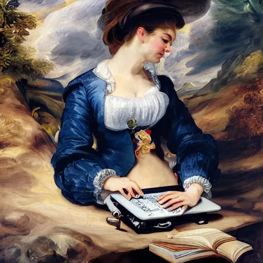 Image similar to heavenly summer sharp land sphere scallop well dressed lady working on her laptop auslese, by peter paul rubens and eugene delacroix and karol bak, hyperrealism, digital illustration, fauvist