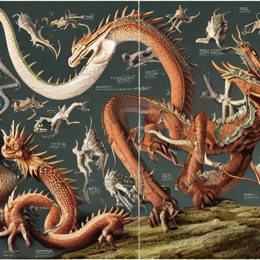 Image similar to scientific illistration of a species of dragon showing an examples of a males and female of each the species, biological illustrations, art by john james audubon robert stebbins and terryl whitlatch and david sibley and charles darwin, highly detailed, intricately detailed, 8 k, trending on artstation