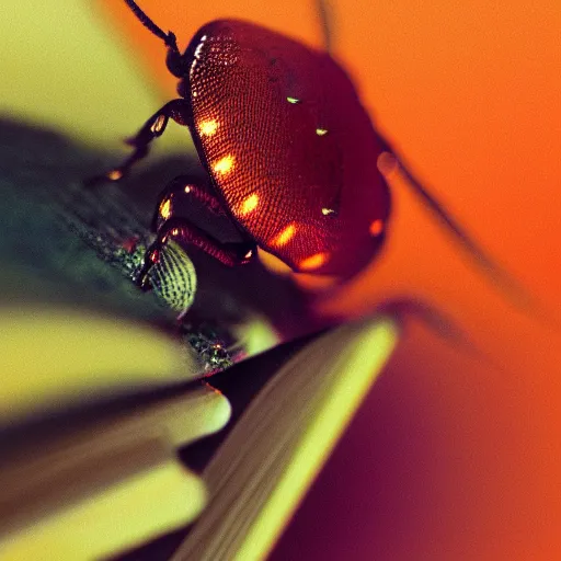 Prompt: Lomography, colorful lighting, bokeh close-up photo of a beetle reading a book, photorealistic, detailed, trending on artstation