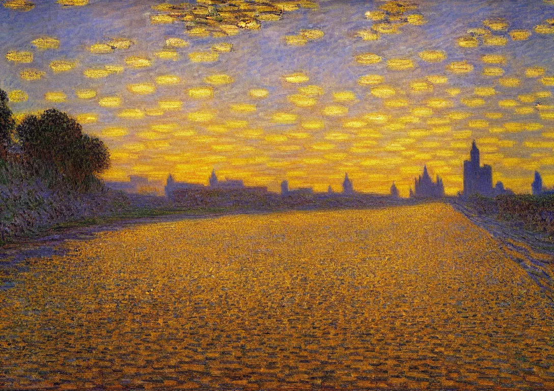 Image similar to a golden road leading to a diamond castle painting by claude monet but as photography, highly detailed, golden hour