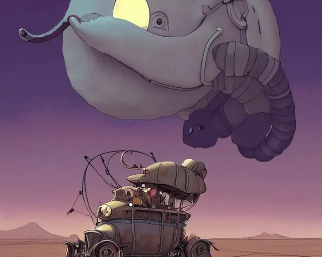 Image similar to a cell shaded cartoon grey lovecraftian mechanized elephant from howl's moving castle ( 2 0 0 4 ), with a big head, on a desert road, wide shot, in front of a big moon, muted colors, post grunge, josan gonzales, wlop, by james jean, victor ngai, hq, deviantart, art by artgem