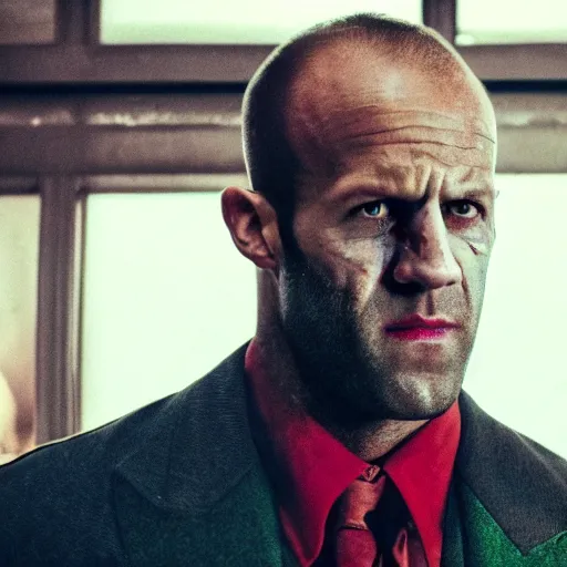 Image similar to a film still of Jason Statham starring as The Joker, 40mm lens, shallow depth of field, split lighting, cinematic