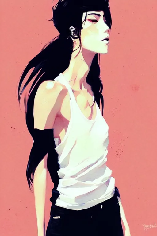 Image similar to a ultradetailed beautiful painting of a stylish woman with a white tank top, by conrad roset, greg rutkowski and makoto shinkai trending on artstation