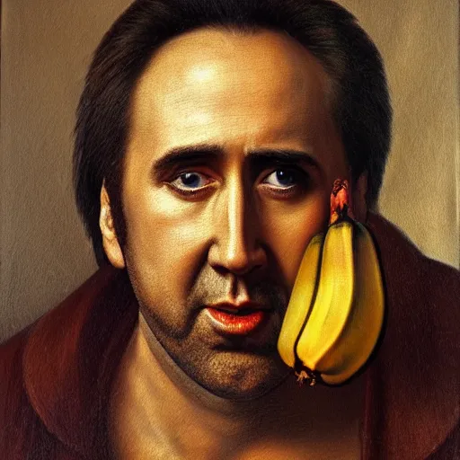 Prompt: highly detailed oil painting of nicolas cage in a banana, 4 k, in the style of caravaggio, monet, botticelli and dali