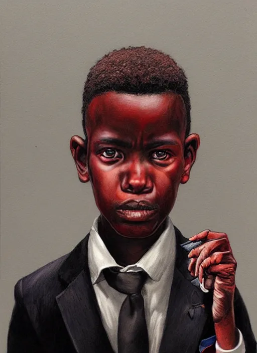 Image similar to portrait of a 7 year old child gang leader, dark gritty, wearing a suit, smoking, very detailed eyes, hyperrealistic, very detailed painting by Glenn Fabry, by Joao Ruas, by Artgerm