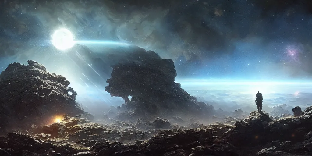 Image similar to an orb of energy and wisdom floats through a godly asteroid field, an epic nebula fills the sky, Ivan Shishkin and Greg Rutkowski