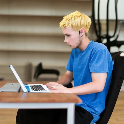 Image similar to back of short college guy with short blonde hair wearing a blue baseball cap and grey shirt sitting in a chair typing an essay on a laptop