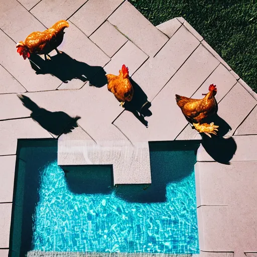 Image similar to the chickens are sunbathing by the pool, photograph