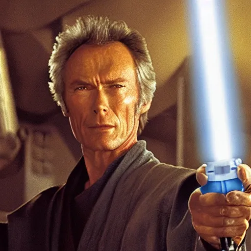 Image similar to clint eastwood holding blue lightsaber in star wars episode 3, 8k resolution, full HD, cinematic lighting, award winning, anatomically correct