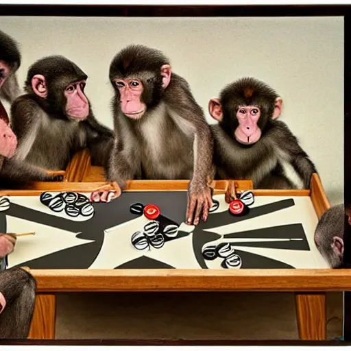 Image similar to A beautiful performance art of a group of monkeys playing backgammon. The monkeys are seated around a table, with some of them appearing to be deep in concentration while others appear to be playing more casually. by Gwenda Morgan robust