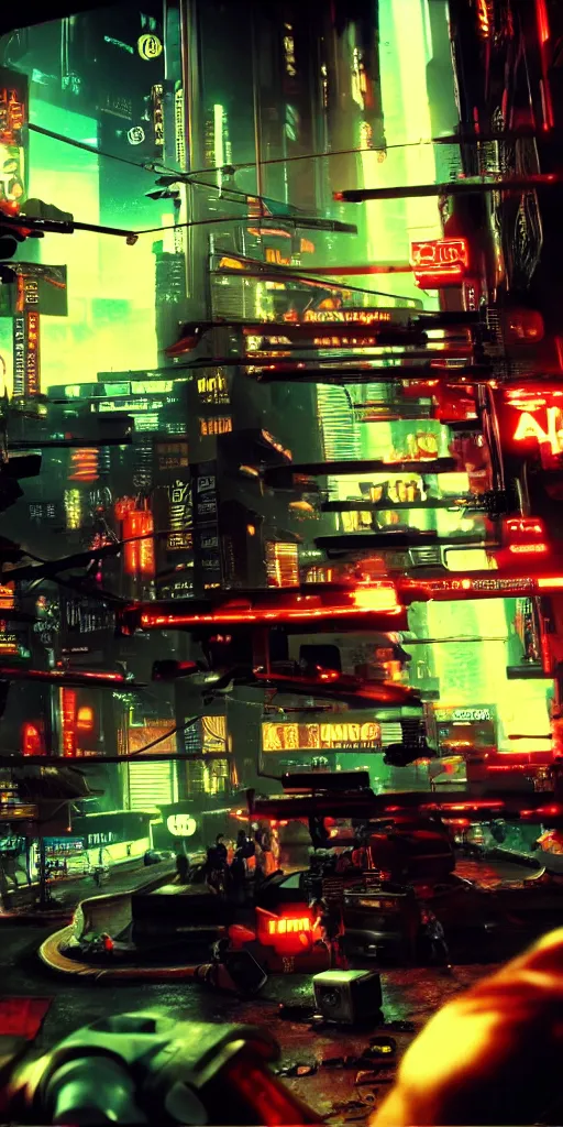 Image similar to epic highly detailed photo of gangs fight in cyberpunk night adult club, 3 5 mm, guns blasting, low angle, blade runner, akira, cinematic angle, cinematic lighting, reflections, action, battle