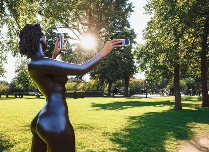 Image similar to photo still of a bronze statue of a woman using an iphone to take a selfie in a park on a bright sunny day, 8 k 8 5 mm f 1 6