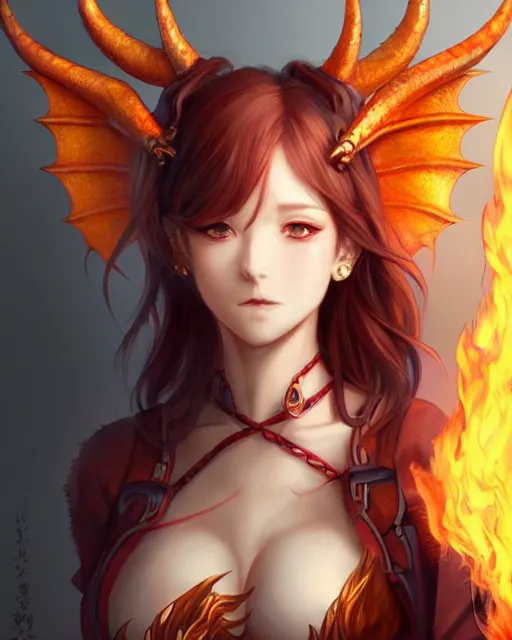 Image similar to character concept art of a woman with fire dragon horns and wings | | very anime, dragon scales, cute - fine - face, pretty face, realistic shaded perfect face, fine details by stanley artgerm lau, wlop, rossdraws, james jean, andrei riabovitchev, marc simonetti, and sakimichan, trending on artstation