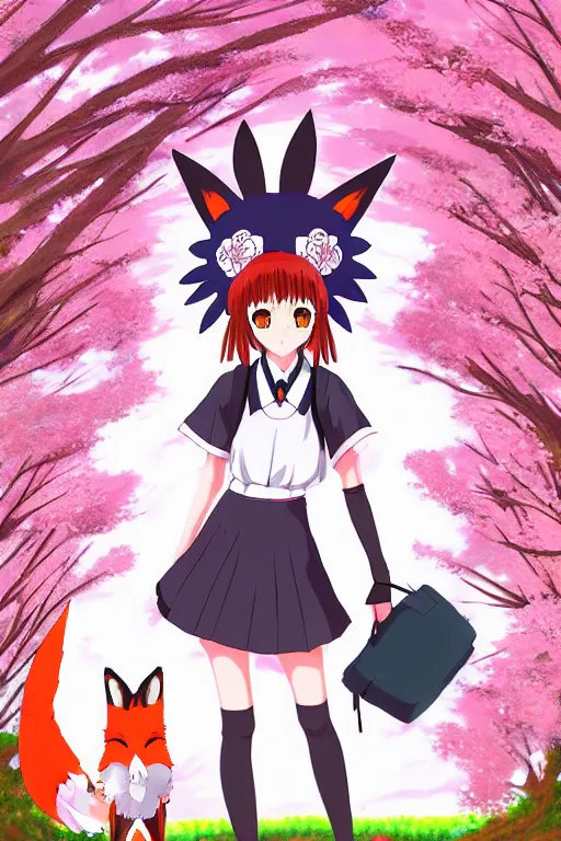 Image similar to digital art, centered full body of an anime school girl with fox headdress walking in the park surrounded by sakura, intricate artwork, studio Ghibli, charachter design, trending on artstation,