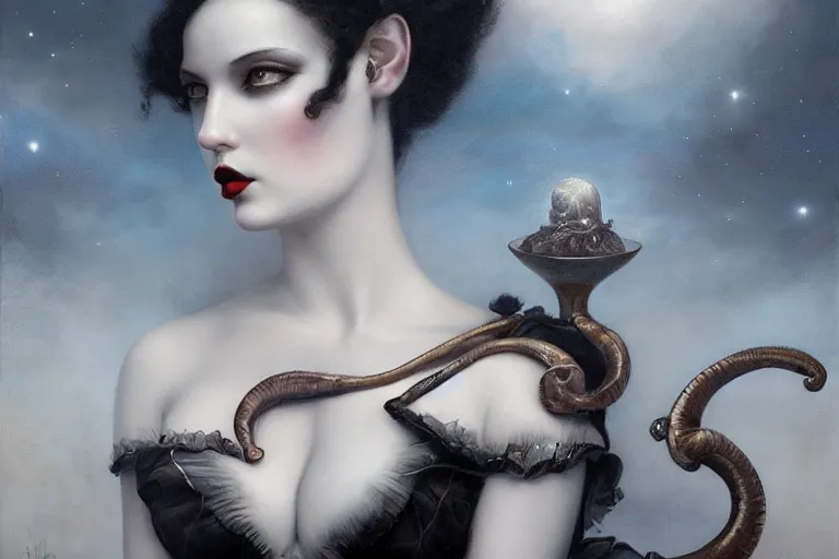 Prompt: By Tom Bagshaw, ultra realist soft painting of curiosities carnival by night, very beautiful horn single female gothic wearing corset sleeping, symmetry accurate features, very intricate details, omnious sky, black and white, volumetric light clouds