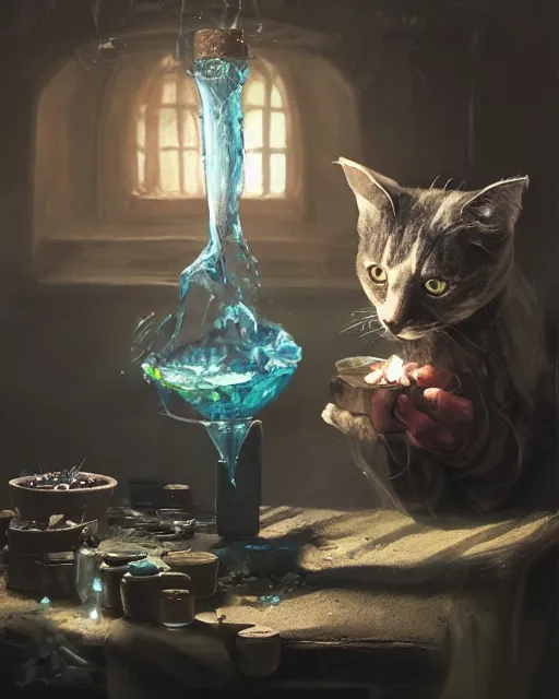 Image similar to oil painting of cat witch brewing potion, sharp focus, fantasy style, octane render, volumetric lighting, 8k high definition, by greg rutkowski, highly detailed, trending on art Station, magic the gathering artwork, Alchemist lab backround, centered