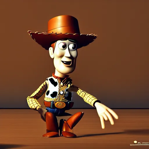 Image similar to Photorealistic creepy toy story woody in the style of ren and stimpy. Hyperdetailed photorealism, 108 megapixels, amazing depth, glowing rich colors, powerful imagery, psychedelic Overtones, 3D finalrender, 3d shading, cinematic lighting, artstation concept art