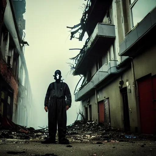 Prompt: A high quality color photo of a mysterious man with a gas mask standing in the middle of a staircase alley looking in the direction of the camera :: outside, blue sky visible :: ruined city with vegetation and trees growing everywhere on the destroyed buildings :: forest :: apocalyptic, gloomy, desolate :: long shot, low angle, dramatic backlight, symmetrical, afternoon :: cinematic shot, highly detailed