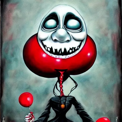 Image similar to grunge painting of a car with a wide smile and a red balloon by chris leib, loony toons style, pennywise style, corpse bride style, horror theme, detailed, elegant, intricate