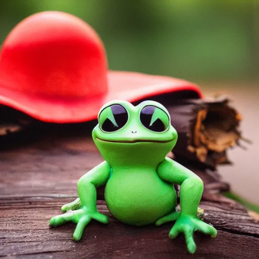 Image similar to baby pepe the frog wearing a very very small sombrero, sitting on a log, pixar, disney, dynamic lighting, bokeh