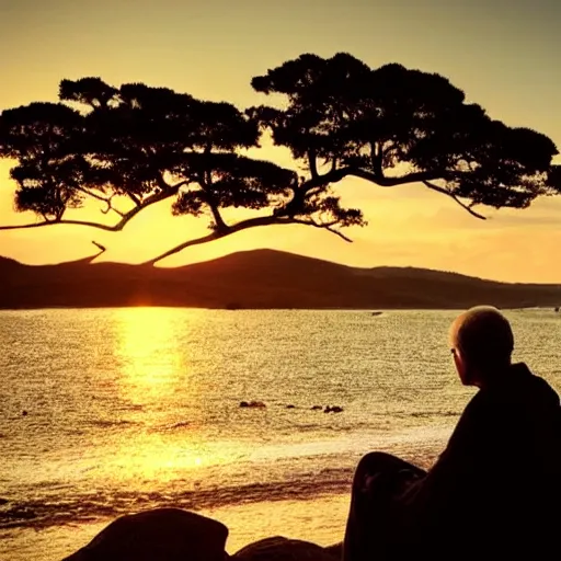 Image similar to old man sitting on a rock and watching beautiful sunset, long beard, warm colors, sea view, silhouette, trending in artstation, soft light