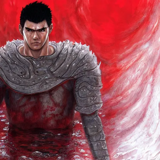 Image similar to portrait of guts from berserk submerged in red water, extremely detailed, made by wlop, maxwell boas, Sakimi chan