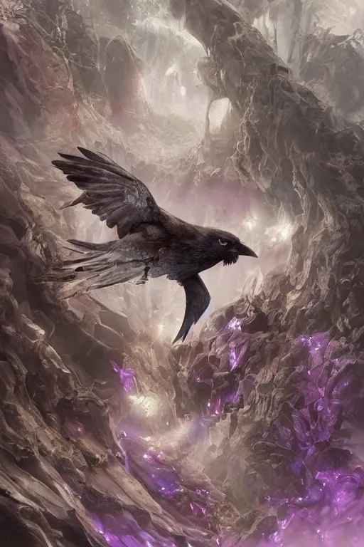 Image similar to portrait of a beautiful one raven perched on purple crystals that are glowing in a misty valley, establishing shot, extremly high detail, foto realistic, cinematic lighting, by yoshitaka amano, ruan jia, kentaro miura, artgerm, post processed, concept art, artstation, raphael lacoste, alex ross