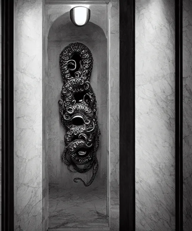 Prompt: horrifying photorealistic image of a 1 9 2 5 hotel elevator lobby, elevator doors look like a mouth, with a tentacle - shaped tongue, licking out, dark, atmospheric, brooding, smooth, finely detailed, cinematic, epic, in the style of lee gibbons