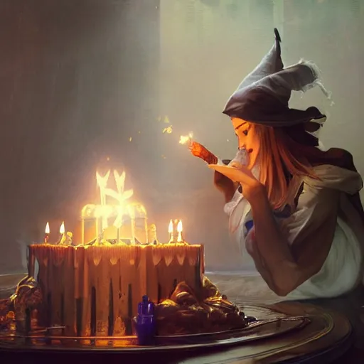 Image similar to a wizard blowing out birthday candles with magic, art by artgerm and greg rutkowski and alphonse mucha, concept art, octane render, unreal engine 5, highly detailed, high quality, 8 k, soft lighting, realistic face, path traced