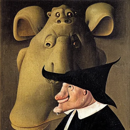 Image similar to oil painting by hieronymous bosch of a hippopotamus and a man wearing a hat.