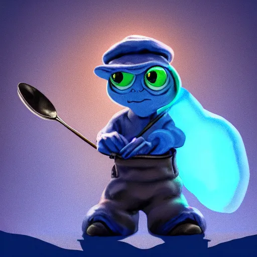 Image similar to pepe the miner with a big spoon full of blue crystals, dark cave, artstation, dramatic light, low angle