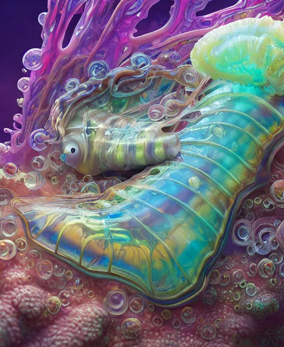 Prompt: intricate colorful transparent portrait of a terrifying beautiful alien sea slug creature, mottled coloring, adorable, childlike, biopunk environment, ultra realistic, concept art, art nouveau, photorealistic, octane render, 8 k, unreal engine. art by christopher marley and artgerm and greg rutkowski and alphonse mucha