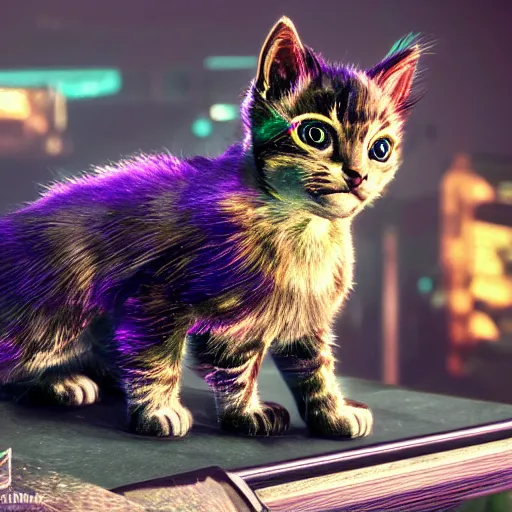 Image similar to iridescent kittens cyperpunk 2 0 7 7, unreal engine 5, 8 k ultra realistic, hyperdetailed, volumetric lighting, extremely high quality