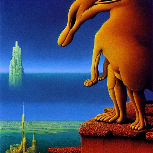 Prompt: a giant rabbit stands over a city painting by beksinski, by larry elmore, dali colors. masterpiece painting