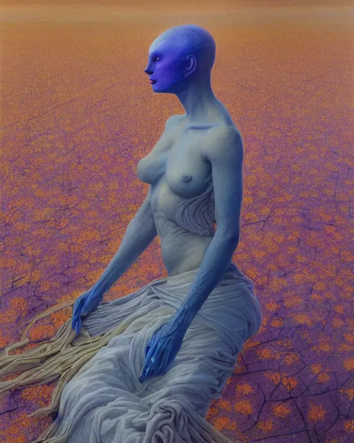 Image similar to A portrait of a woman wearing clothes made out of dying flowers, nuclear explosion in the background, Masterpiece, blue skin, glowing, wires everywhere, by Edgar Maxence and Ross Tran, Zdzisław Beksiński, and Michael Whelan, distant, gustav dore, H.R. Giger, 8k, octane render